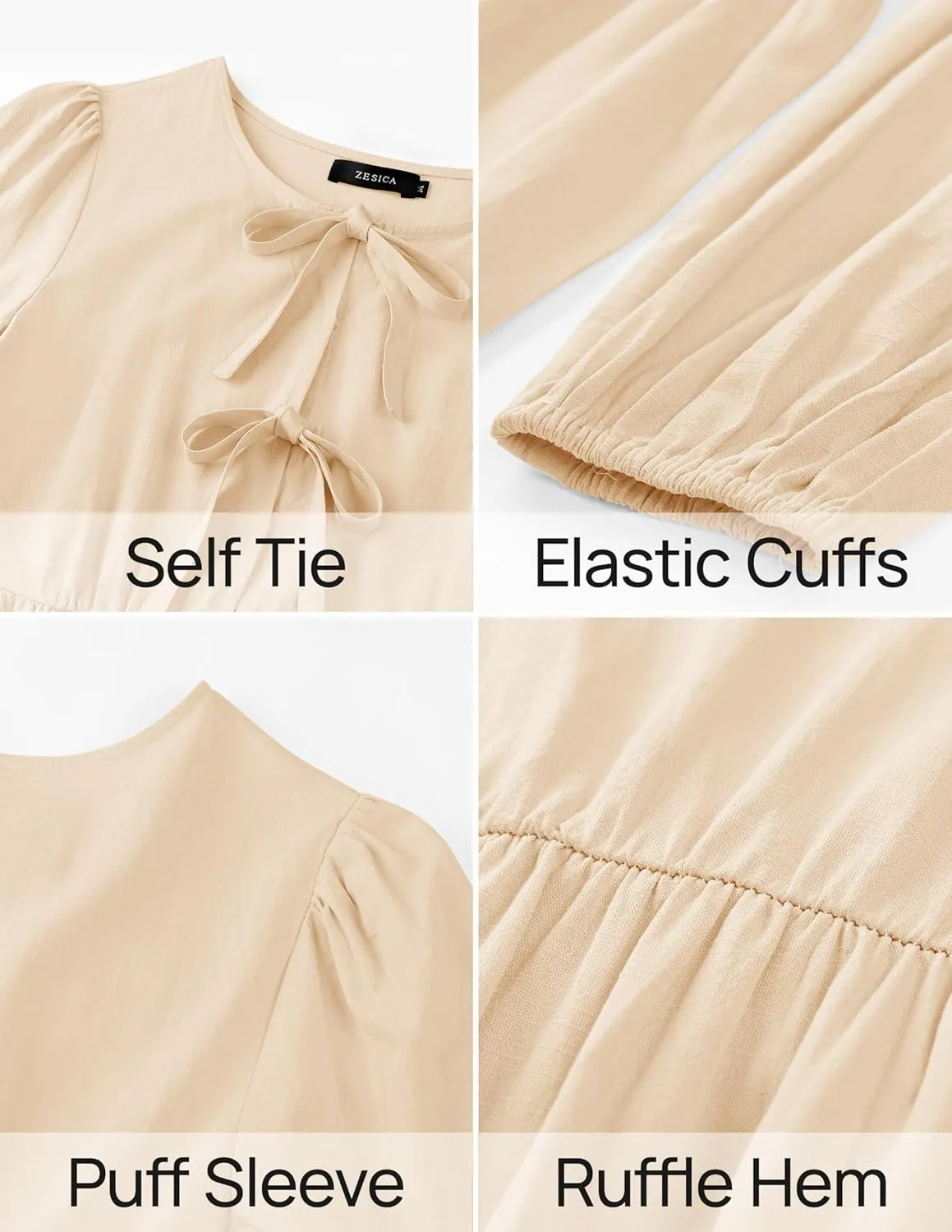 ZESICA Womens Tops Tie Front Long Puff Sleeve Button Peplum Babydoll Cute Shirts Spring Fashion Blouses