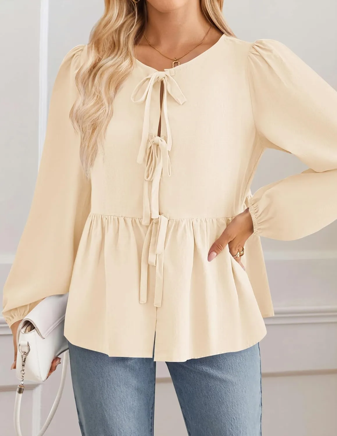 ZESICA Womens Tops Tie Front Long Puff Sleeve Button Peplum Babydoll Cute Shirts Spring Fashion Blouses