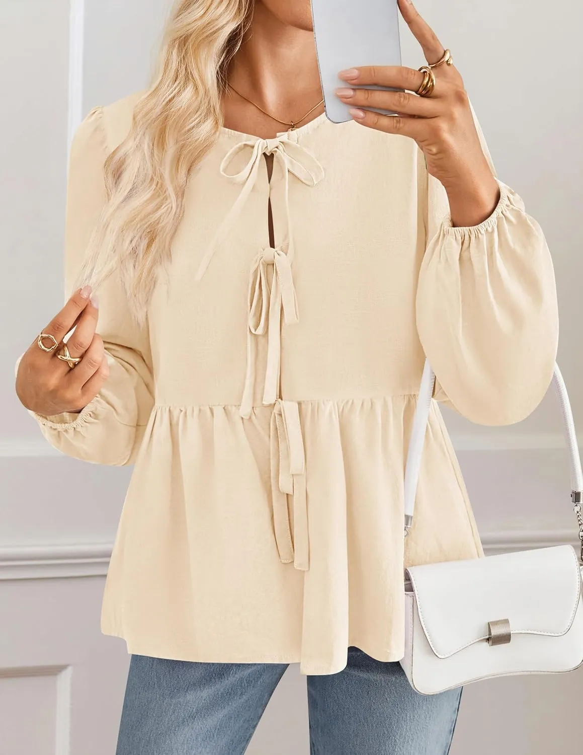 ZESICA Womens Tops Tie Front Long Puff Sleeve Button Peplum Babydoll Cute Shirts Spring Fashion Blouses