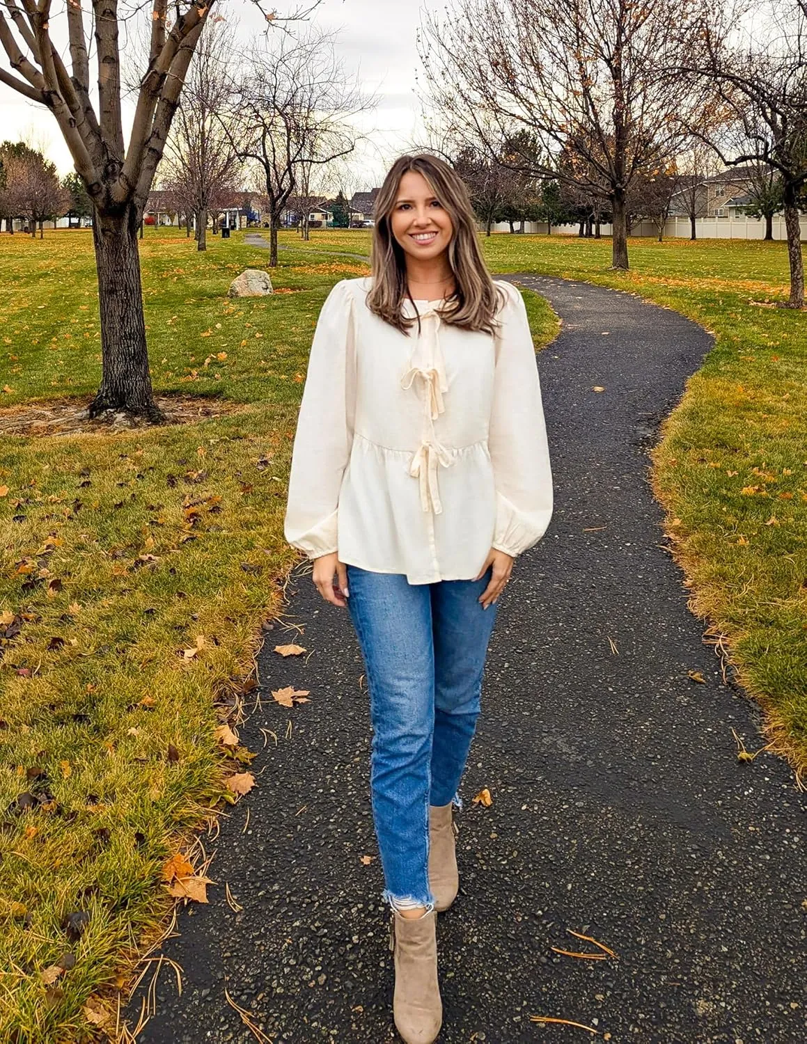 ZESICA Womens Tops Tie Front Long Puff Sleeve Button Peplum Babydoll Cute Shirts Spring Fashion Blouses