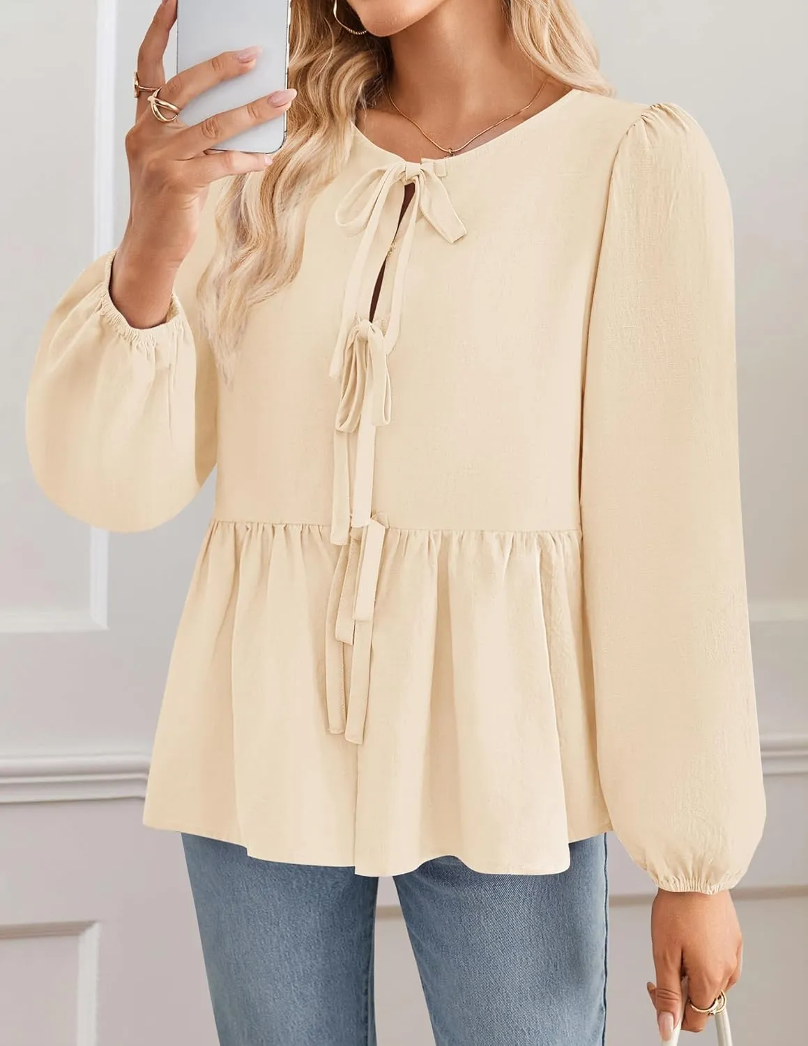 ZESICA Womens Tops Tie Front Long Puff Sleeve Button Peplum Babydoll Cute Shirts Spring Fashion Blouses